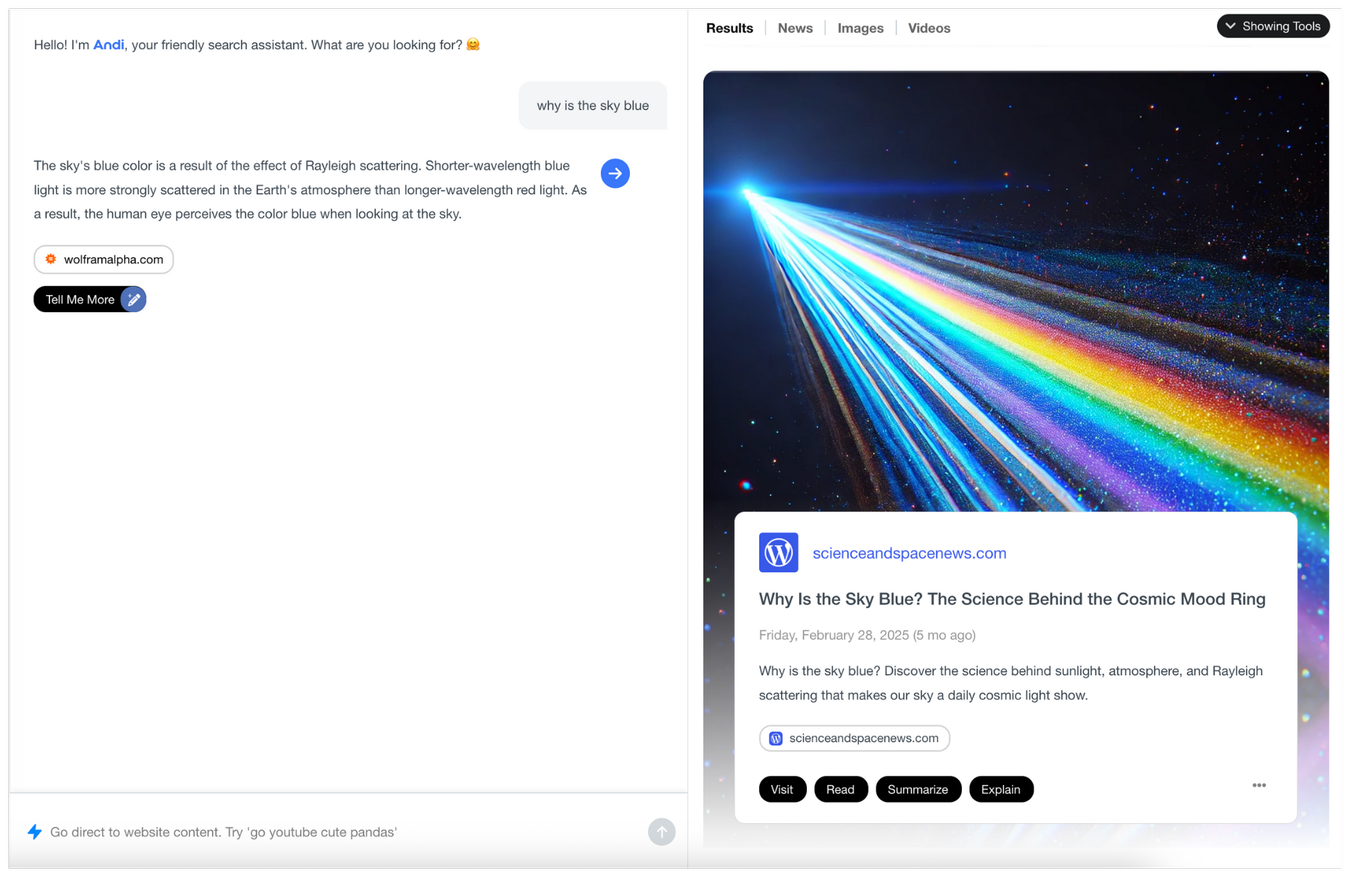 Andi search interface showing AI-powered search results on desktop