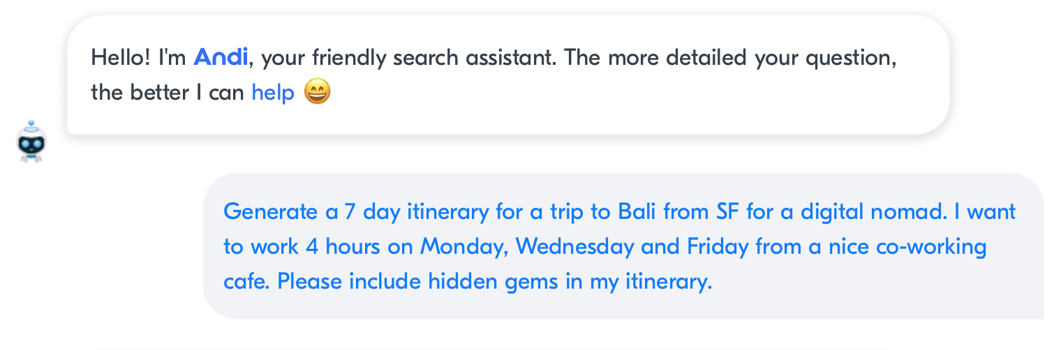 Andi chat showing greeting and user's Bali travel prompt